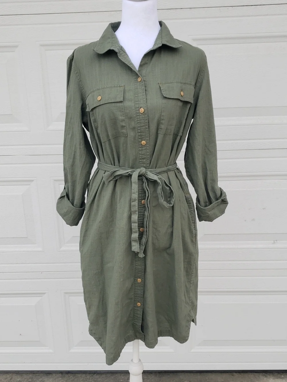 LL Bean Signature 100% Cotton Camp Button Front Shirt Dress Size M Olive Gray - Picture 3 of 16